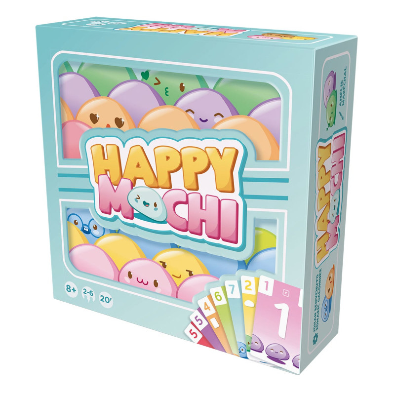 Pastellfarbene Happy-Mochi-Spielbox mit lachenden Mochi-Figuren und nummerierten Karten auf der Vorderseite. Pastellfarbene Happy-Mochi-Spielbox mit lachenden Mochi-Figuren und nummerierten Karten auf der Vorderseite.