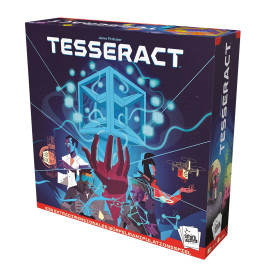 Tesseract-Spielbox mit futuristischer Grafik und leuchtendem, geometrischem Würfel in der Mitte.