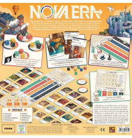Rückseite der Nova Era Box mit Spielmaterial, Übersicht, Symbolen und Aufbauanleitung.