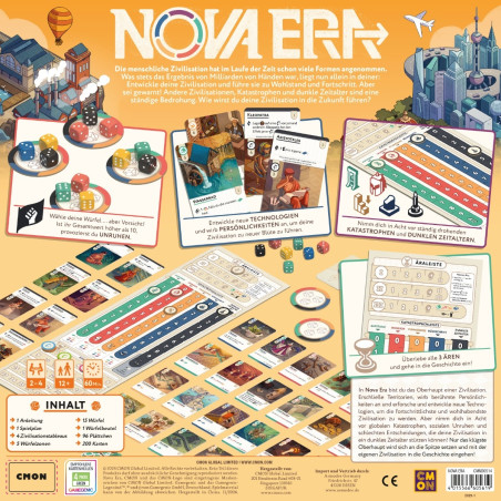Rückseite der Nova Era Box mit Spielmaterial, Übersicht, Symbolen und Aufbauanleitung.
