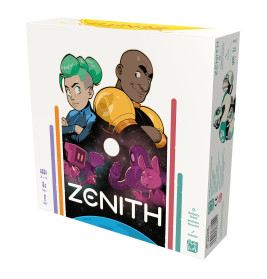 Schachtel des Spiels Zenith mit zwei animierten Astronauten und buntem Weltraum-Motiv.