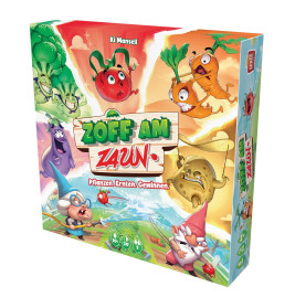 Bunte Brettspielbox Zoff am Zaun mit gezeichnetem Gemüse und Gartenzwergen in einer Gartenszene.