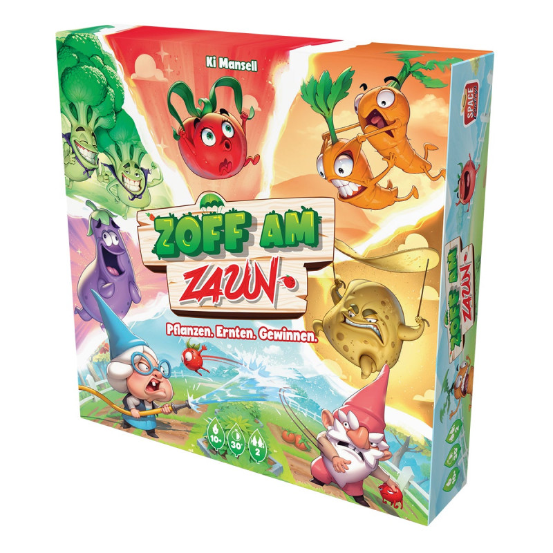 Bunte Brettspielbox Zoff am Zaun mit gezeichnetem Gemüse und Gartenzwergen in einer Gartenszene.