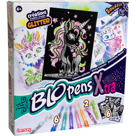 BLOpens Xtra Glitter Art Set mit Fantasiefiguren und sechs Filzstiften auf der Vorderseite der Verpackung.