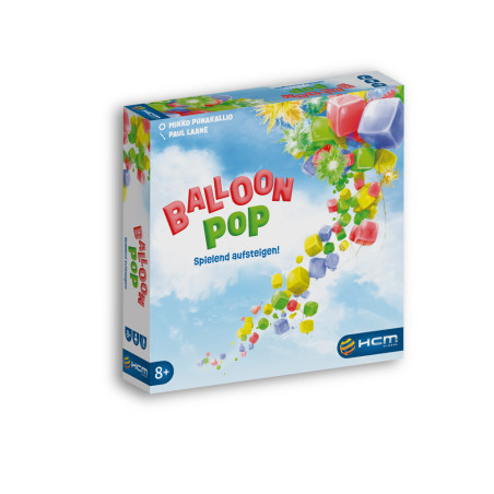 Balloon Pop Brettspiel mit bunten Ballons und Wolken, empfohlen ab 8 Jahren.