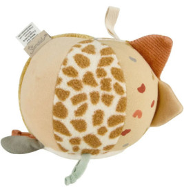 Weicher Ball mit Tierohren, kleinen Anhängern und einem gefleckten Muster, das an eine Giraffe erinnert.