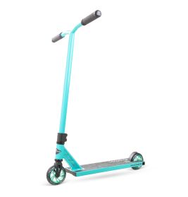 Ein türkisfarbener Stunt-Scooter mit schwarzen Griffen und schwarzem Grip-Tape auf weißem Hintergrund.