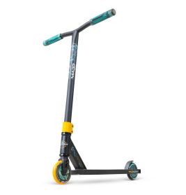 Madd Gear MG2 Obsidian Dj Rilla Stunt-Scooter: schwarz/türkis mit gelben Akzenten, türkisfarbenen Griffen und Rollen.