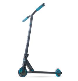 Schwarz-blauer Stuntscooter mit T-Lenker und zwei kleinen Rädern vor weißem Hintergrund.