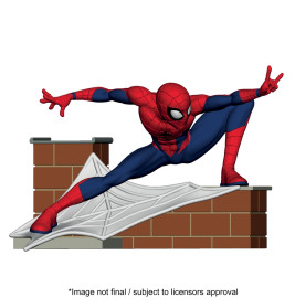 Spider-Man hockt auf einer Backsteinmauer mit ausgestrecktem Arm und macht die typische Netzschuss-Geste.