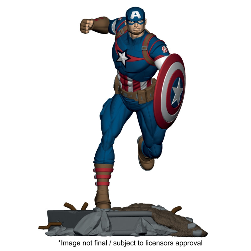 Captain-America-Figur im klassischen Anzug mit Schild, läuft oder springt über Trümmer. Captain-America-Figur im klassischen Anzug mit Schild, läuft oder springt über Trümmer.