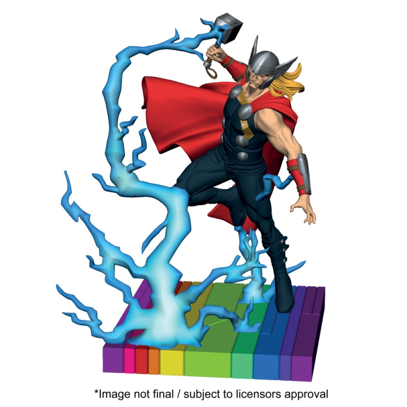 Thor steht mit Hammer und Blitzen auf einer regenbogenfarbenen Plattform, sein roter Umhang weht im Wind. Thor steht mit Hammer und Blitzen auf einer regenbogenfarbenen Plattform, sein roter Umhang weht im Wind.