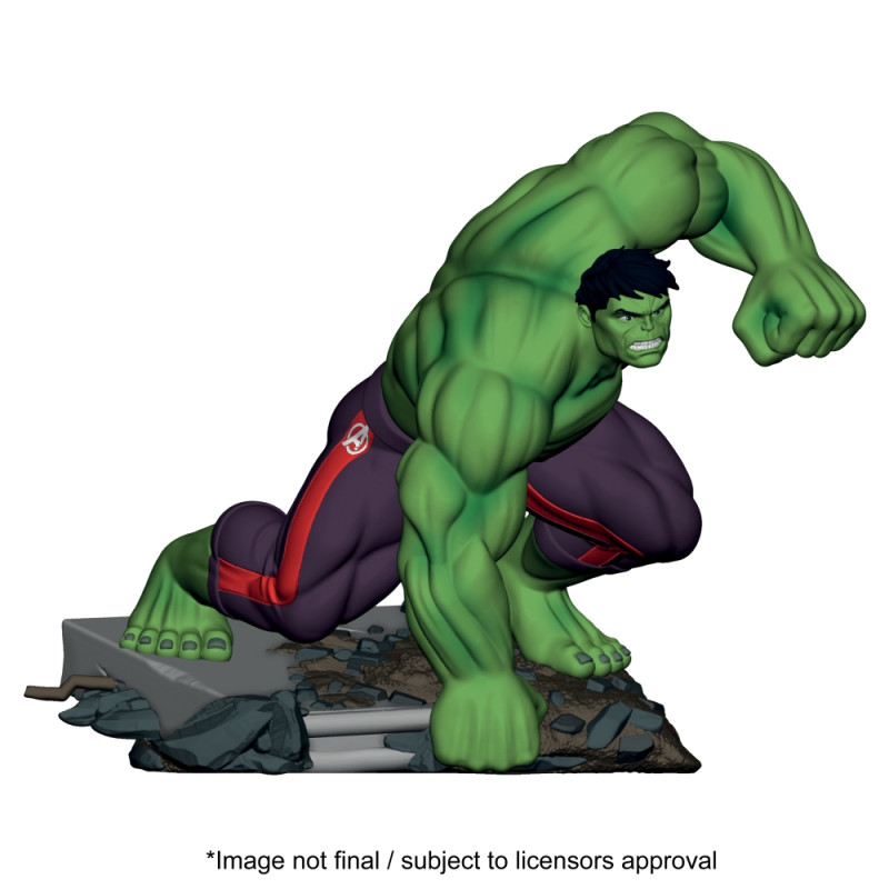 Hulk kniet auf Trümmern, hebt die Faust, trägt lila Hose mit roten Streifen und X-Men-Logo. Hulk kniet auf Trümmern, hebt die Faust, trägt lila Hose mit roten Streifen und X-Men-Logo.