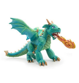 Ein grüner Spielzeugdrache mit Flügeln speit orange-gelbes Feuer.