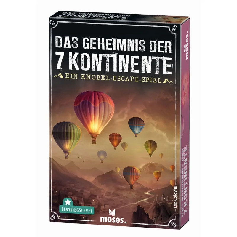 Brettspielbox mit Heißluftballons über einer Landschaft, Titel: Das Geheimnis der 7 Kontinente.