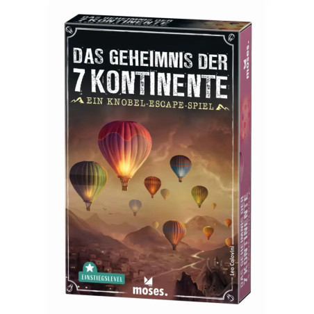 Brettspielbox mit Heißluftballons über einer Landschaft, Titel: Das Geheimnis der 7 Kontinente.