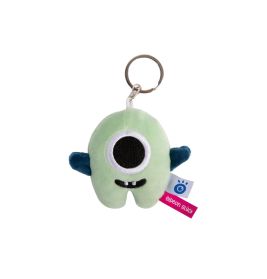 Grüner Plüsch-Schlüsselanhänger mit großem Auge, blauen Armen und einem kleinen seitlichen Etikett.
