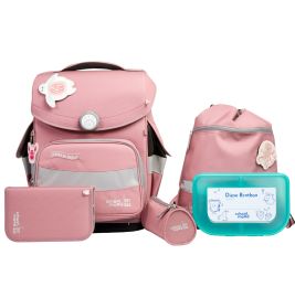 Ein Set rosa Schulzubehör mit Rucksack, Brotdose, Sportbeutel, Federmäppchen und Geldbörse.