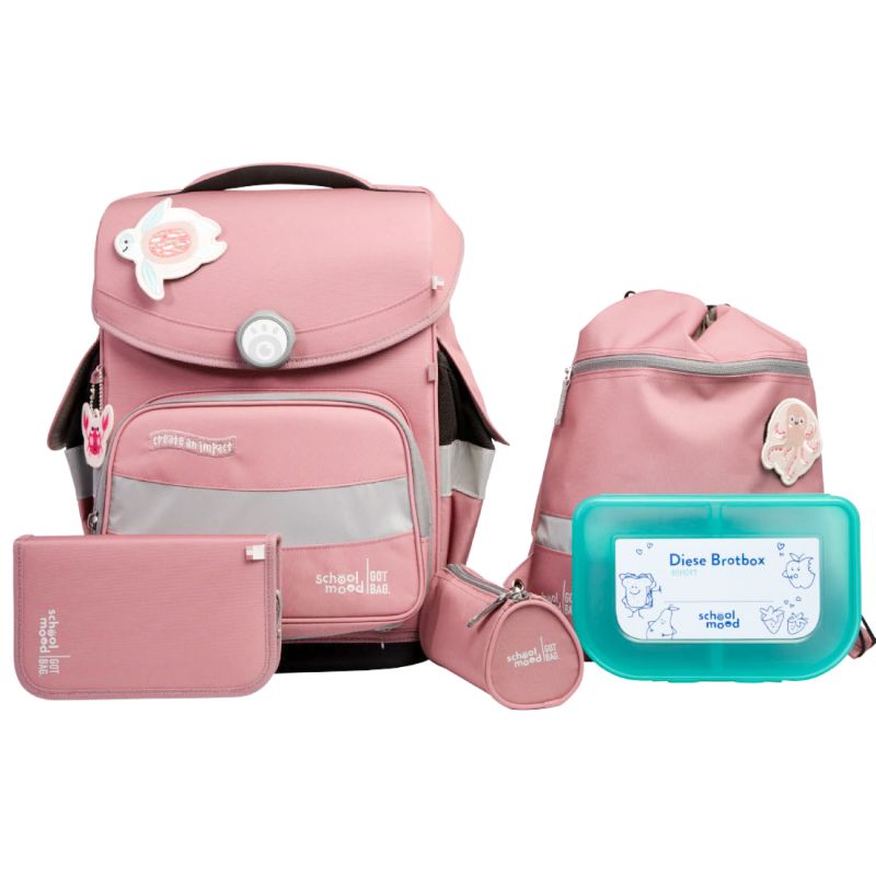 Ein Set rosa Schulzubehör mit Rucksack, Brotdose, Sportbeutel, Federmäppchen und Geldbörse. Ein Set rosa Schulzubehör mit Rucksack, Brotdose, Sportbeutel, Federmäppchen und Geldbörse.