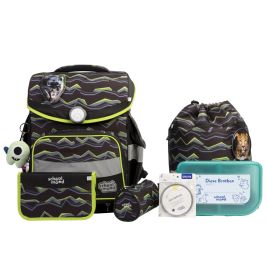 Schwarz-grünes Schulrucksack-Set mit passenden Taschen, Brotdose und einem Beutel mit Tiermotiv.