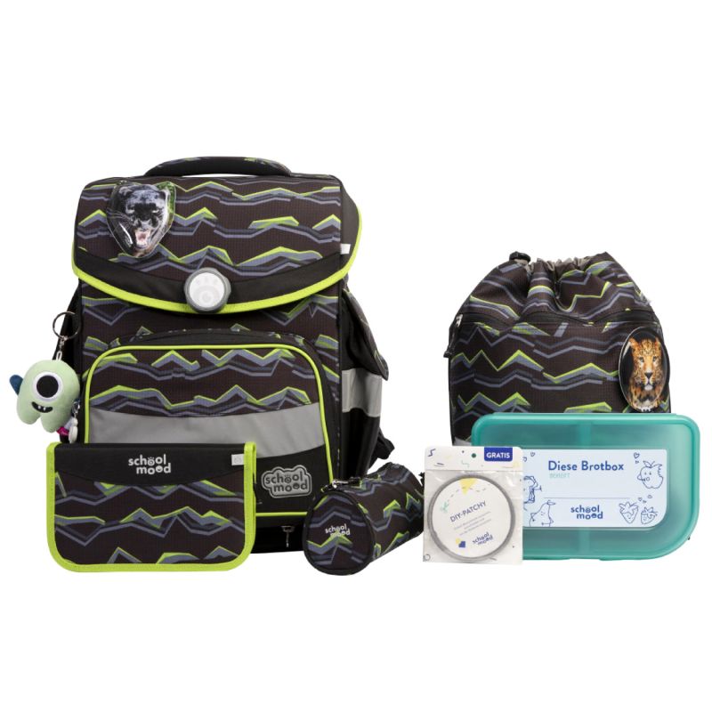 Schwarz-grünes Schulrucksack-Set mit passenden Taschen, Brotdose und einem Beutel mit Tiermotiv. Schwarz-grünes Schulrucksack-Set mit passenden Taschen, Brotdose und einem Beutel mit Tiermotiv.