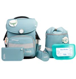 Ein Set blauer Schulutensilien: Rucksack, Brottasche, Federmäppchen, Ordner und Lunchbox.