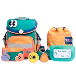 Farbiges Schulrucksack-Set mit Aufnähern, Brotdose und Etui, verziert mit fröhlichen Gesichtern und Designs.