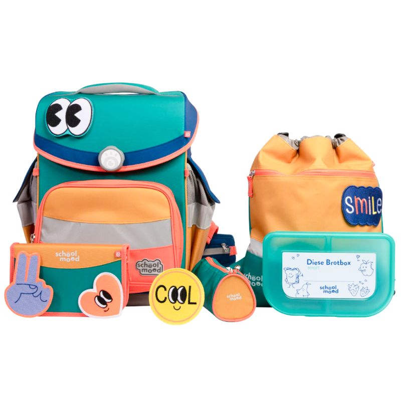Farbiges Schulrucksack-Set mit Aufnähern, Brotdose und Etui, verziert mit fröhlichen Gesichtern und Designs. Farbiges Schulrucksack-Set mit Aufnähern, Brotdose und Etui, verziert mit fröhlichen Gesichtern und Designs.