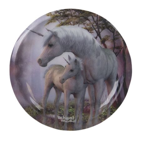 Ein Teller zeigt ein weißes Einhorn mit Fohlen gemeinsam in einer Waldlichtung.