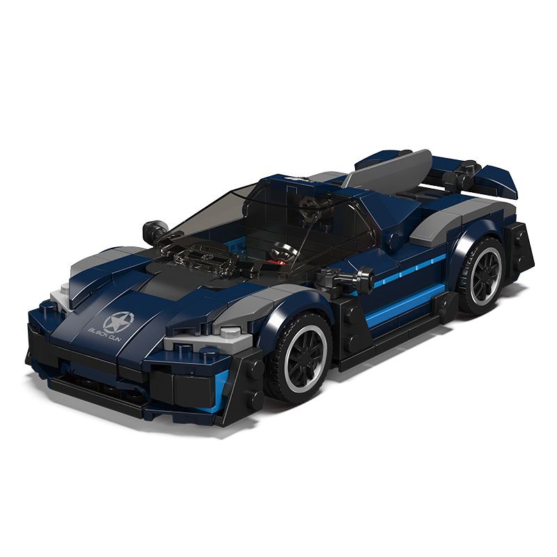 Blau-schwarzes Spielzeug-Rennauto aus Steckbausteinen, das einem Sportwagen ähnelt. Blau-schwarzes Spielzeug-Rennauto aus Steckbausteinen, das einem Sportwagen ähnelt.