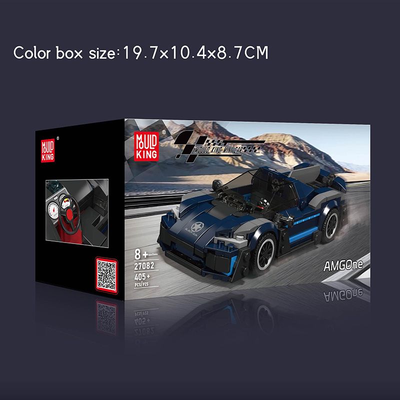 Mud King AMG One Spielzeugauto-Set, Box mit Autoabbildung, ab 8 Jahren empfohlen, 405 Teile, Boxgröße angegeben.