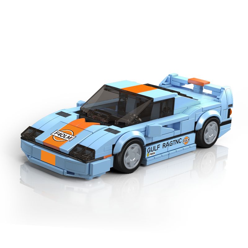 Blau-oranges Spielzeugauto aus Bausteinen mit Rennaufklebern an den Seiten.