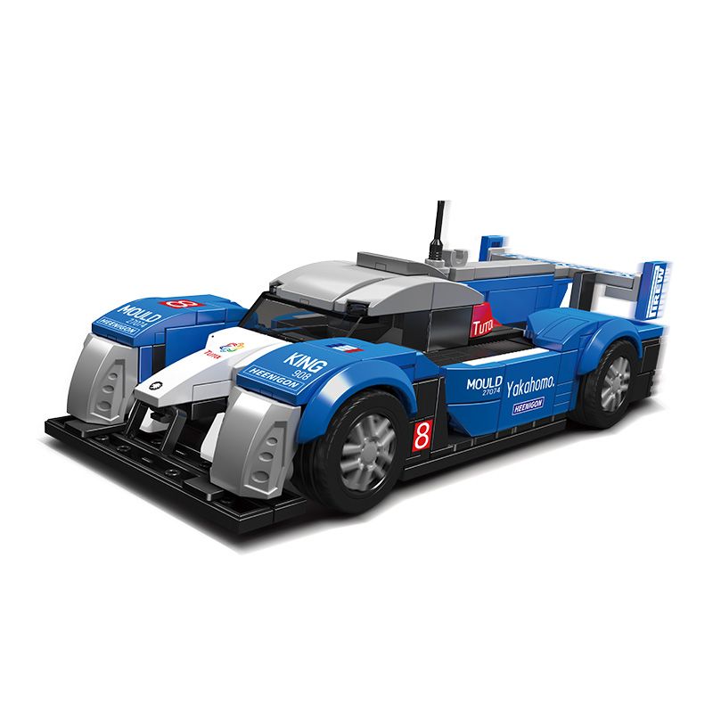 Blau-weißer Spielzeugrennwagen aus Bausteinen mit Sponsorenlogos und aerodynamischem Design. Blau-weißer Spielzeugrennwagen aus Bausteinen mit Sponsorenlogos und aerodynamischem Design.