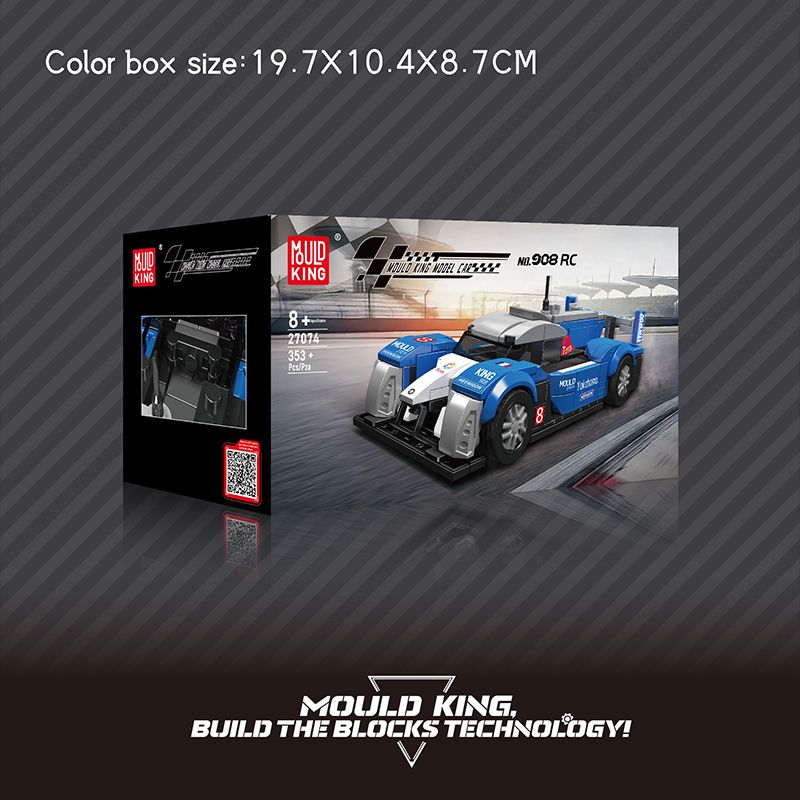 Verpackung eines blauen und weißen Mould King Rennwagen-Bausatzes mit Angaben zu Boxgröße und Modell.
