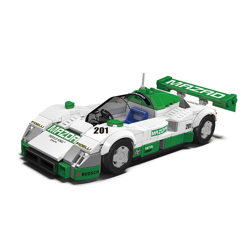 Weiß-grünes Spielzeugrennwagenmodell mit MAZDA-Logo und der Nummer 201 an den Seiten sowie am Heckspoiler. Weiß-grünes Spielzeugrennwagenmodell mit MAZDA-Logo und der Nummer 201 an den Seiten sowie am Heckspoiler.