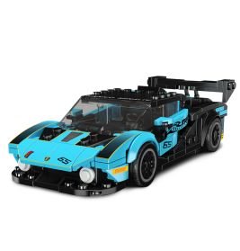 Blau-schwarzes Spielzeug-Rennauto aus Steckbausteinen mit der Nummer 65 an der Seite.