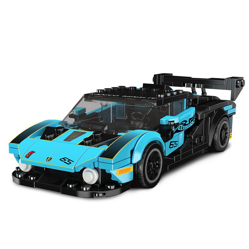 Blau-schwarzes Spielzeug-Rennauto aus Steckbausteinen mit der Nummer 65 an der Seite. Blau-schwarzes Spielzeug-Rennauto aus Steckbausteinen mit der Nummer 65 an der Seite.