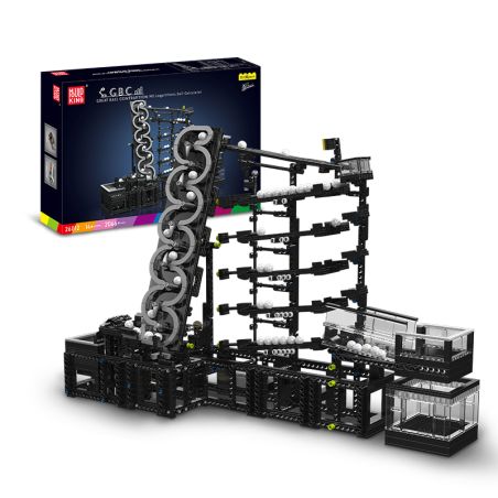 Schwarze und graue Murmelbahn mit weißen Kugeln, im Hintergrund die bunte Verpackung.