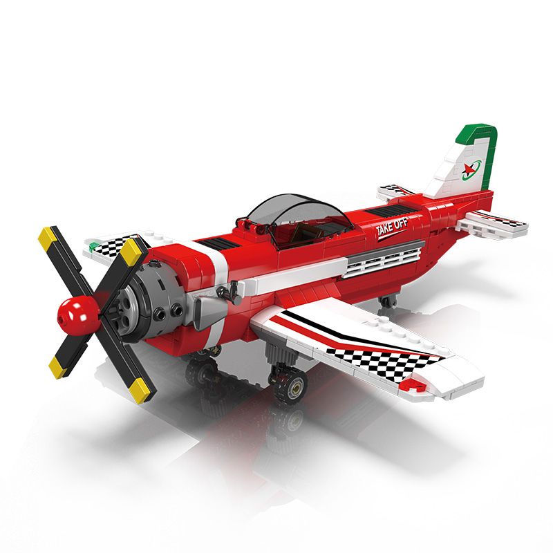 Rotes und weißes Spielzeugflugzeug mit drehendem Propeller, aus zusammensteckbaren Plastikbausteinen gebaut. Rotes und weißes Spielzeugflugzeug mit drehendem Propeller, aus zusammensteckbaren Plastikbausteinen gebaut.
