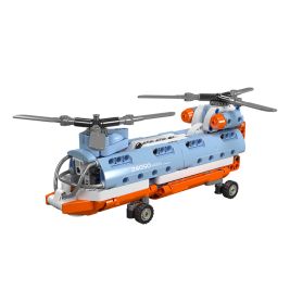 Spielzeug-Hubschrauber aus Bausteinen in Blau, Orange und Weiß mit zwei Rotoren.