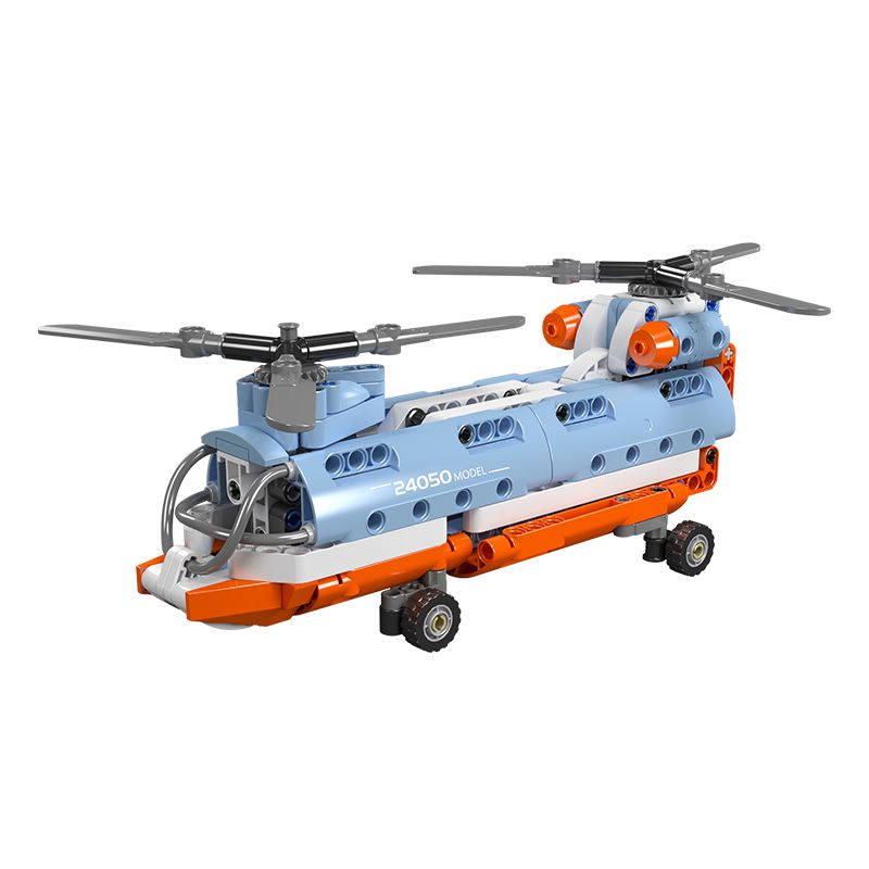 Spielzeug-Hubschrauber aus Bausteinen in Blau, Orange und Weiß mit zwei Rotoren. Spielzeug-Hubschrauber aus Bausteinen in Blau, Orange und Weiß mit zwei Rotoren.
