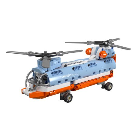 Spielzeug-Hubschrauber aus Bausteinen in Blau, Orange und Weiß mit zwei Rotoren.