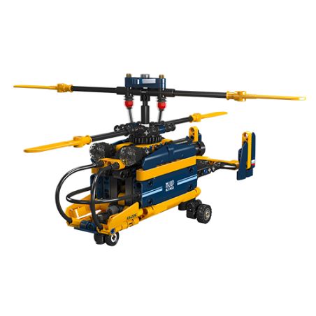 Ein gelb-blauer Spielzeughubschrauber mit drehbaren Rotoren aus ineinandergreifenden Kunststoffbausteinen.
