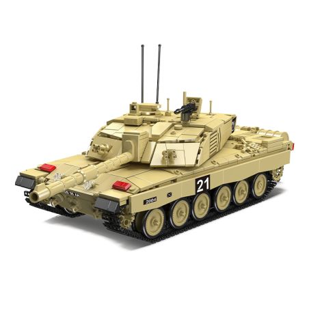 Beiger Spielzeugpanzer mit schwarzen Ketten, Antennen, Geschützturm und der Nummer 21 an der Seite.