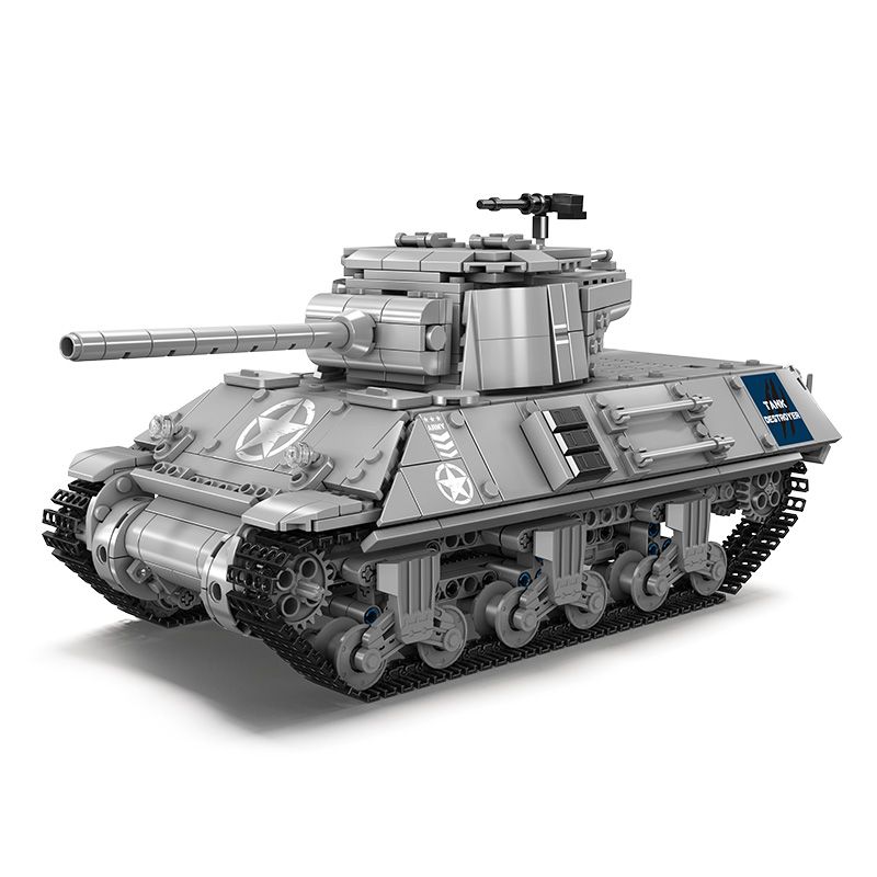 Graues LEGO-Panzer-Modell mit Kanone, Ketten und militärischen Details vor weißem Hintergrund.