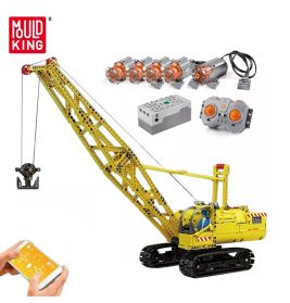 Ferngesteuertes gelbes Baukran-Spielzeug mit Motoren, Fernbedienung und Smartphone-Steuerung.