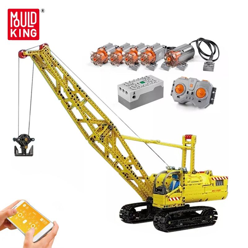 Ferngesteuertes gelbes Baukran-Spielzeug mit Motoren, Fernbedienung und Smartphone-Steuerung.