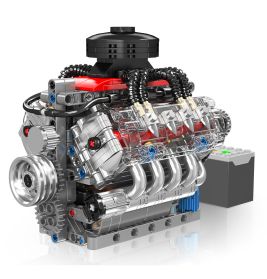 Modell eines V8-Motors aus Bausteinen mit vielen Details und einem Batteriekasten daneben.