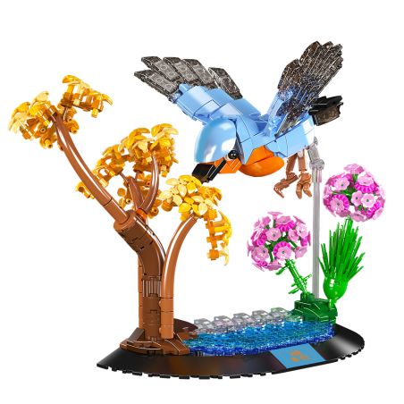 MOULD KING-Modell: Baue einen blauen Rotkehlchen-Vogel über einen Teich mit gelben Bäumen und pinken Blumen.