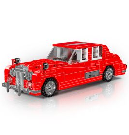 Rotes Oldtimer-Modell aus LEGO-Steinen mit Chromdetails und klaren Fenstern.